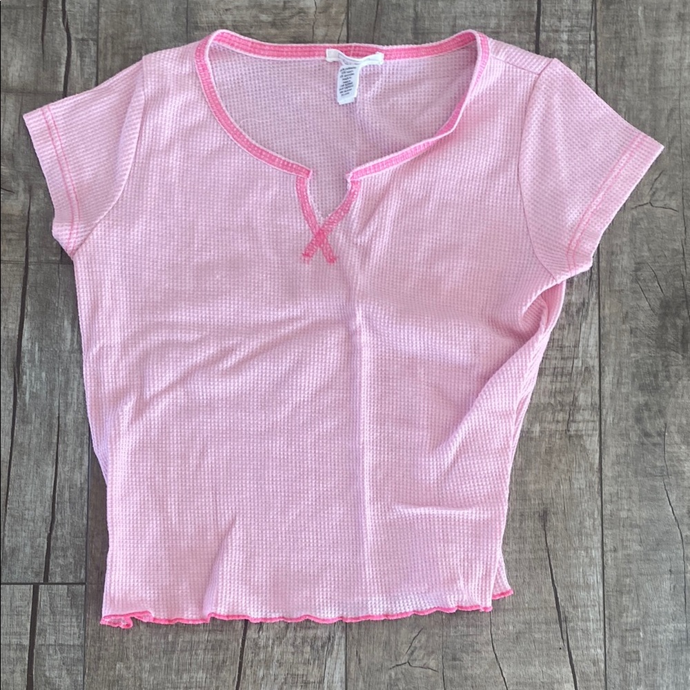 Full Tilt Pink Short Sleeve Tee with Notched Neckline